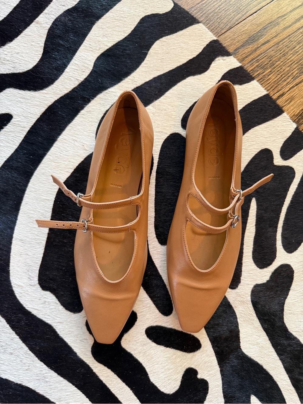Aeyde Tan Double-Strap Pointed Mary Jane Flats